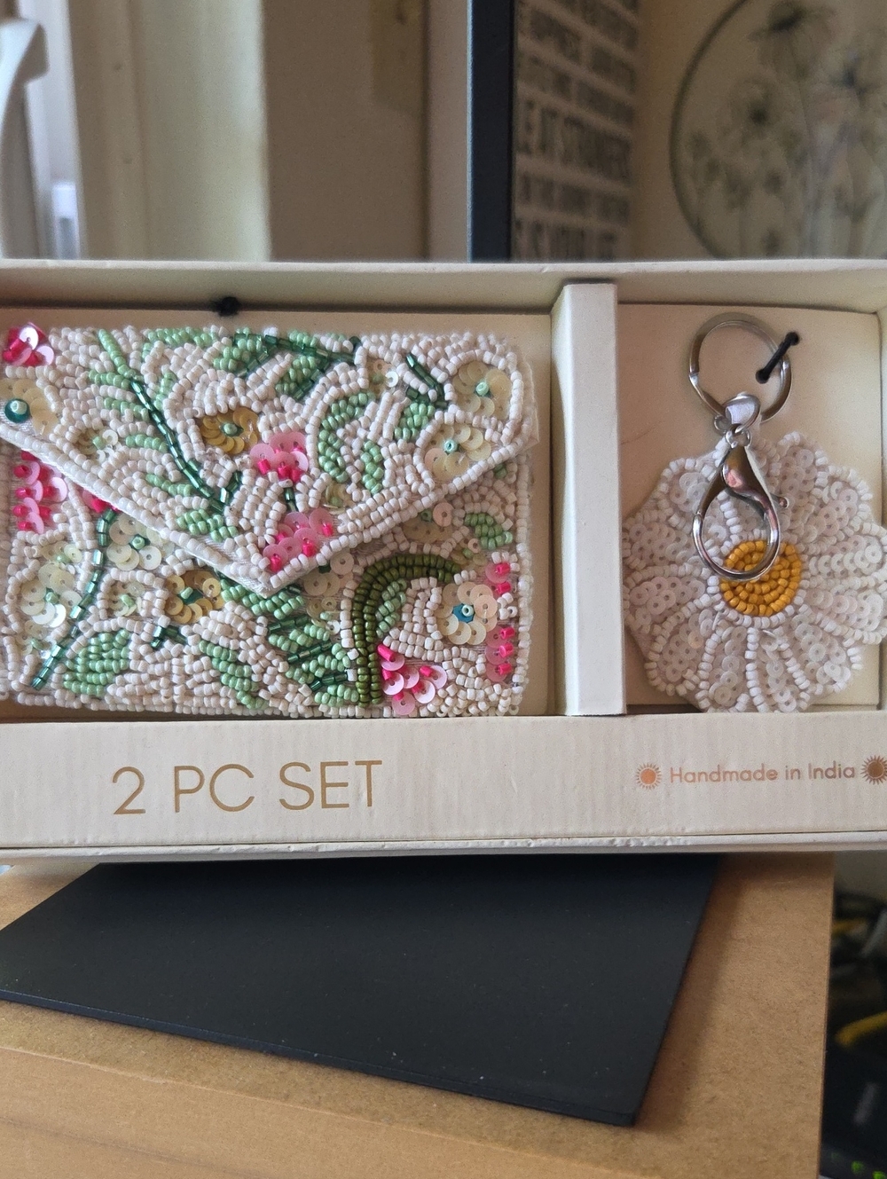 Handmade Beaded Coin Pouch & Bag Charm Set Floral NWT